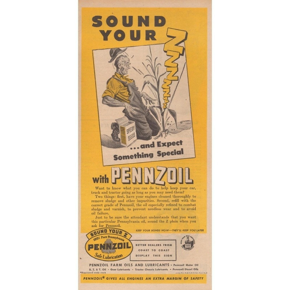 1945 Print Ad Pennzoil Motor Oil Sound Your Z Farm Tractor Car Truck Wartime Ad